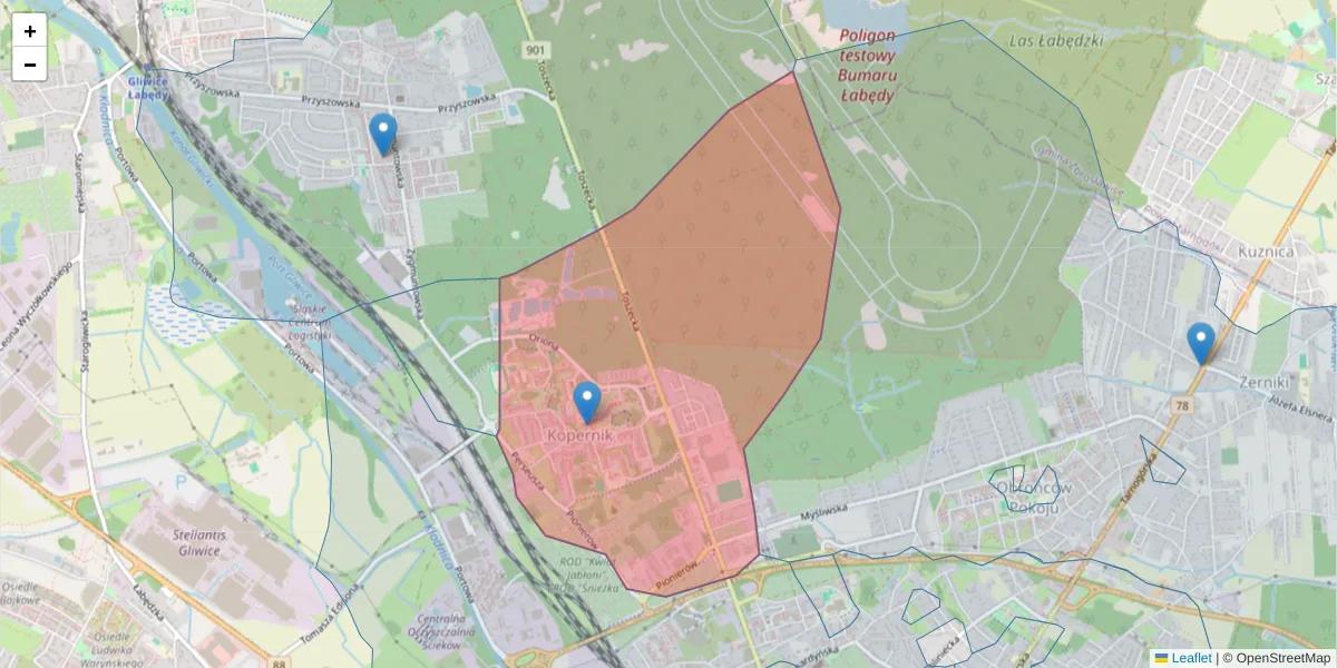 Szczegółowa mapa kodu pocztowego 44-117 z granicami, sąsiednimi kodami pocztowymi i urzędami pocztowymi