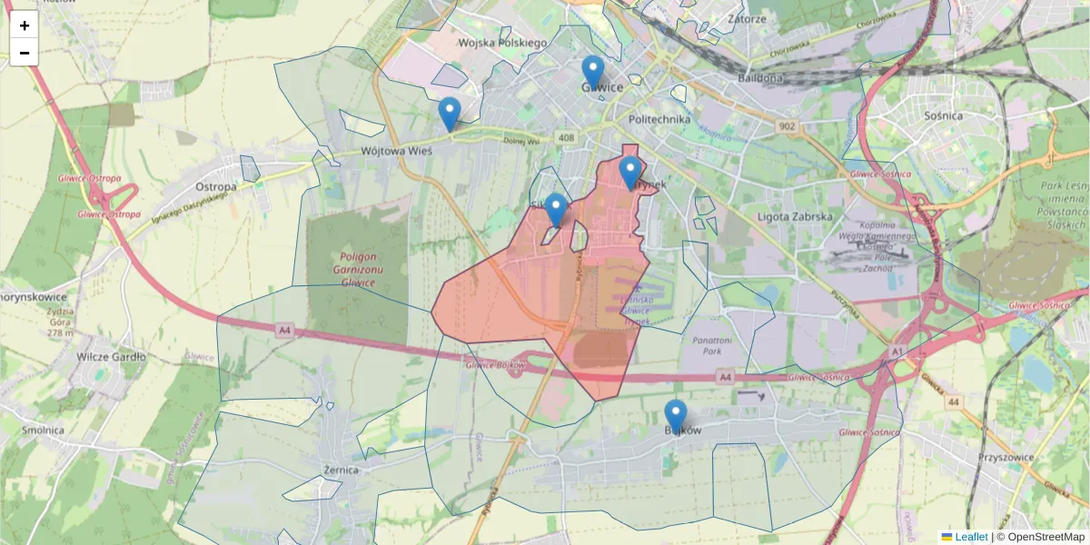 Szczegółowa mapa kodu pocztowego 44-122 z granicami, sąsiednimi kodami pocztowymi i urzędami pocztowymi