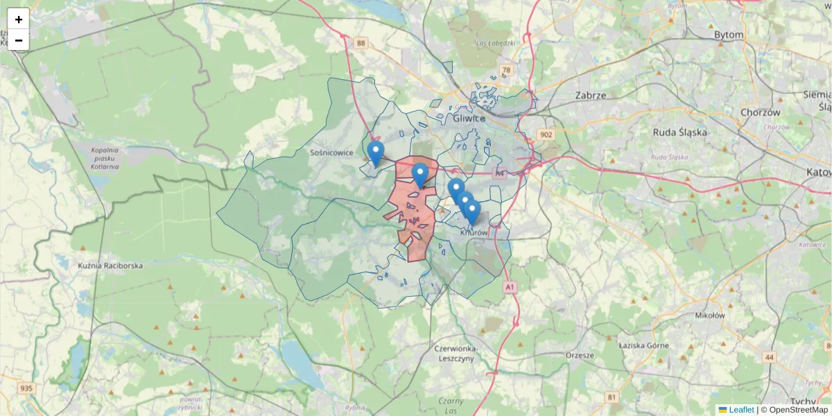 Szczegółowa mapa kodu pocztowego 44-144 z granicami, sąsiednimi kodami pocztowymi i urzędami pocztowymi