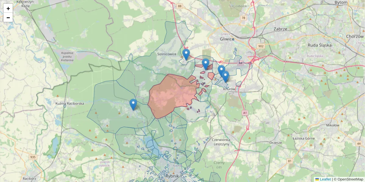 Szczegółowa mapa kodu pocztowego 44-145 z granicami, sąsiednimi kodami pocztowymi i urzędami pocztowymi