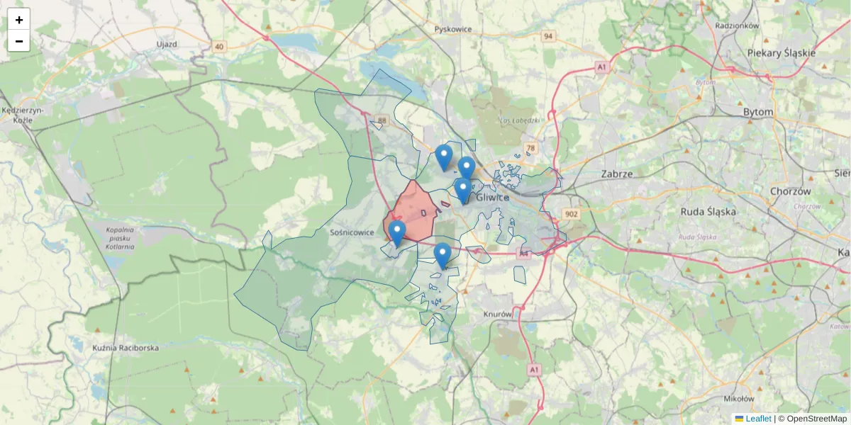 Szczegółowa mapa kodu pocztowego 44-151 z granicami, sąsiednimi kodami pocztowymi i urzędami pocztowymi
