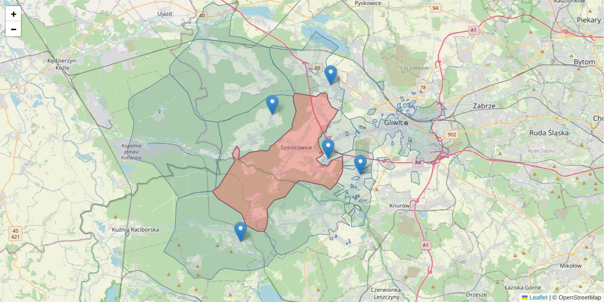 Szczegółowa mapa kodu pocztowego 44-153 z granicami, sąsiednimi kodami pocztowymi i urzędami pocztowymi