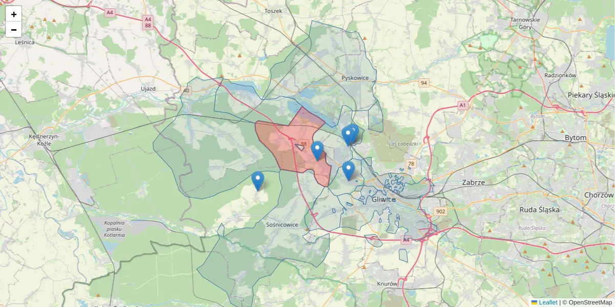 Szczegółowa mapa kodu pocztowego 44-164 z granicami, sąsiednimi kodami pocztowymi i urzędami pocztowymi