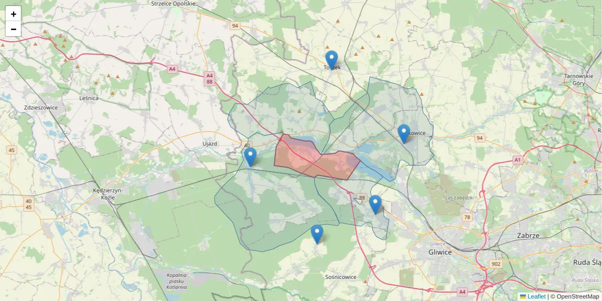 Szczegółowa mapa kodu pocztowego 44-171 z granicami, sąsiednimi kodami pocztowymi i urzędami pocztowymi