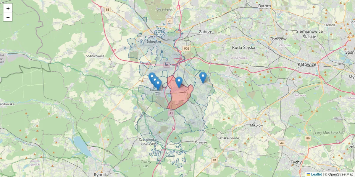 Szczegółowa mapa kodu pocztowego 44-186 z granicami, sąsiednimi kodami pocztowymi i urzędami pocztowymi