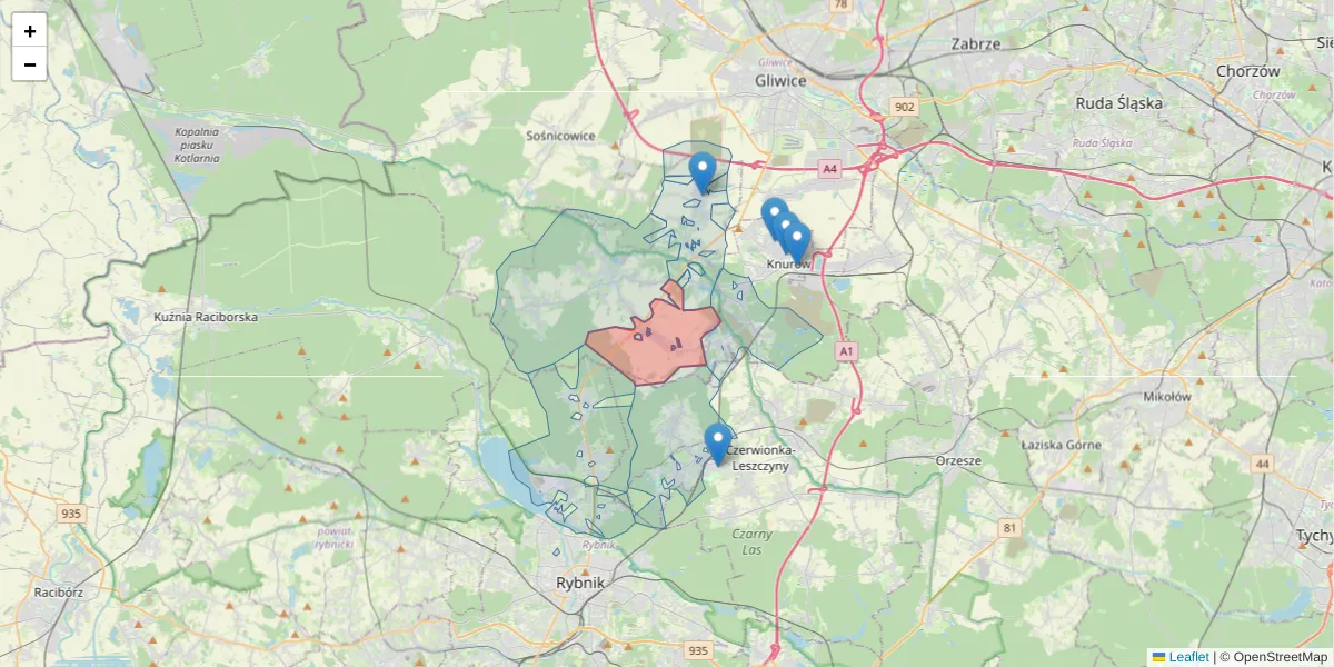 Szczegółowa mapa kodu pocztowego 44-189 z granicami, sąsiednimi kodami pocztowymi i urzędami pocztowymi