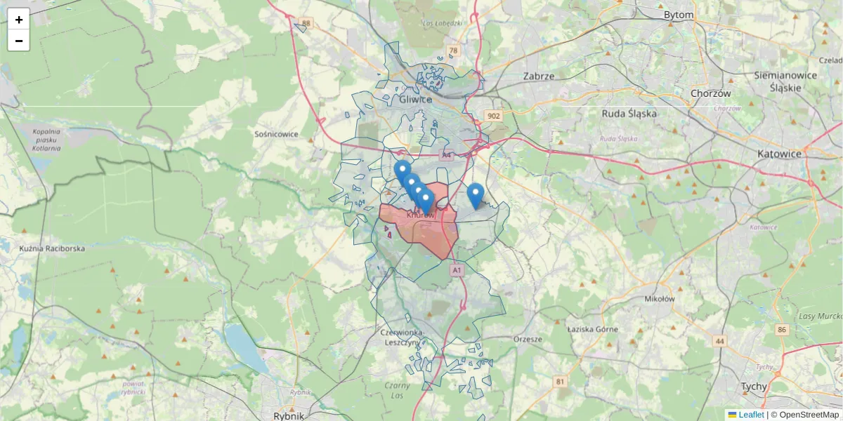 Szczegółowa mapa kodu pocztowego 44-190 z granicami, sąsiednimi kodami pocztowymi i urzędami pocztowymi