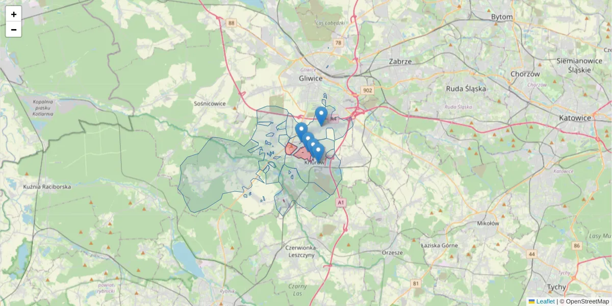 Szczegółowa mapa kodu pocztowego 44-194 z granicami, sąsiednimi kodami pocztowymi i urzędami pocztowymi