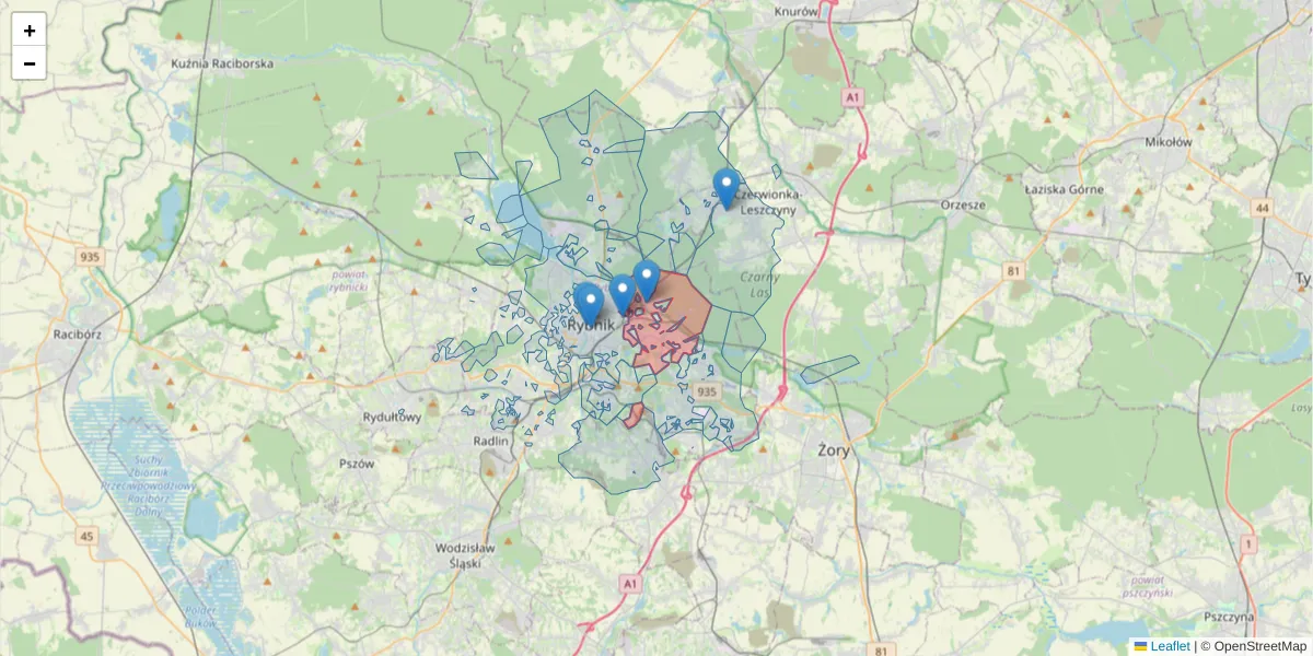 Szczegółowa mapa kodu pocztowego 44-203 z granicami, sąsiednimi kodami pocztowymi i urzędami pocztowymi