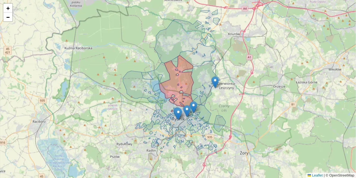 Szczegółowa mapa kodu pocztowego 44-207 z granicami, sąsiednimi kodami pocztowymi i urzędami pocztowymi