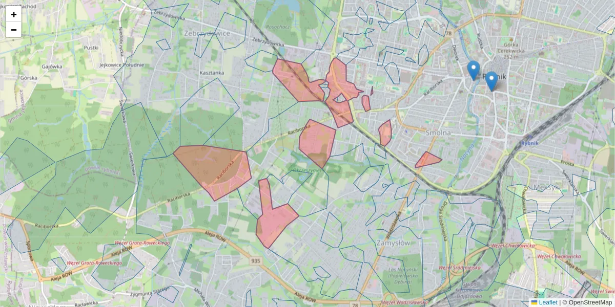 Szczegółowa mapa kodu pocztowego 44-210 z granicami, sąsiednimi kodami pocztowymi i urzędami pocztowymi