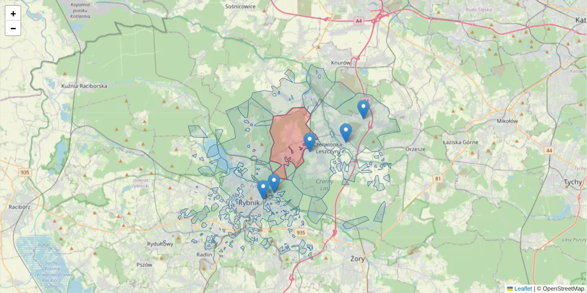 Szczegółowa mapa kodu pocztowego 44-213 z granicami, sąsiednimi kodami pocztowymi i urzędami pocztowymi