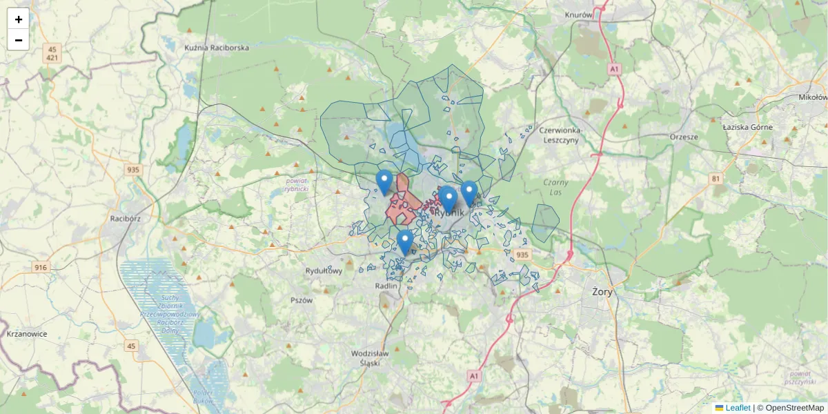 Szczegółowa mapa kodu pocztowego 44-217 z granicami, sąsiednimi kodami pocztowymi i urzędami pocztowymi
