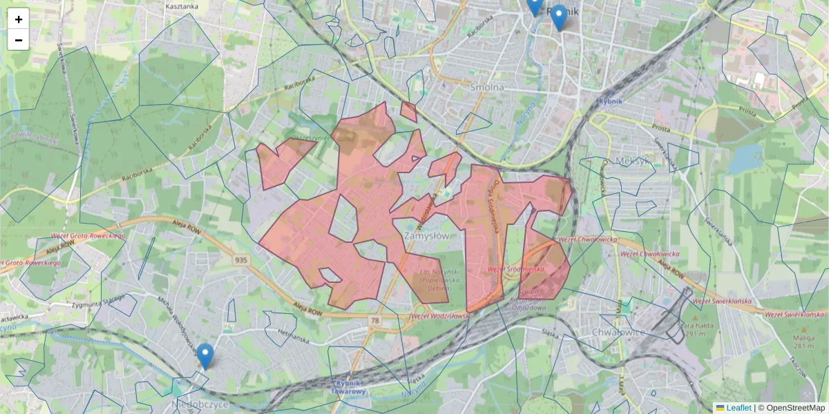 Szczegółowa mapa kodu pocztowego 44-218 z granicami, sąsiednimi kodami pocztowymi i urzędami pocztowymi