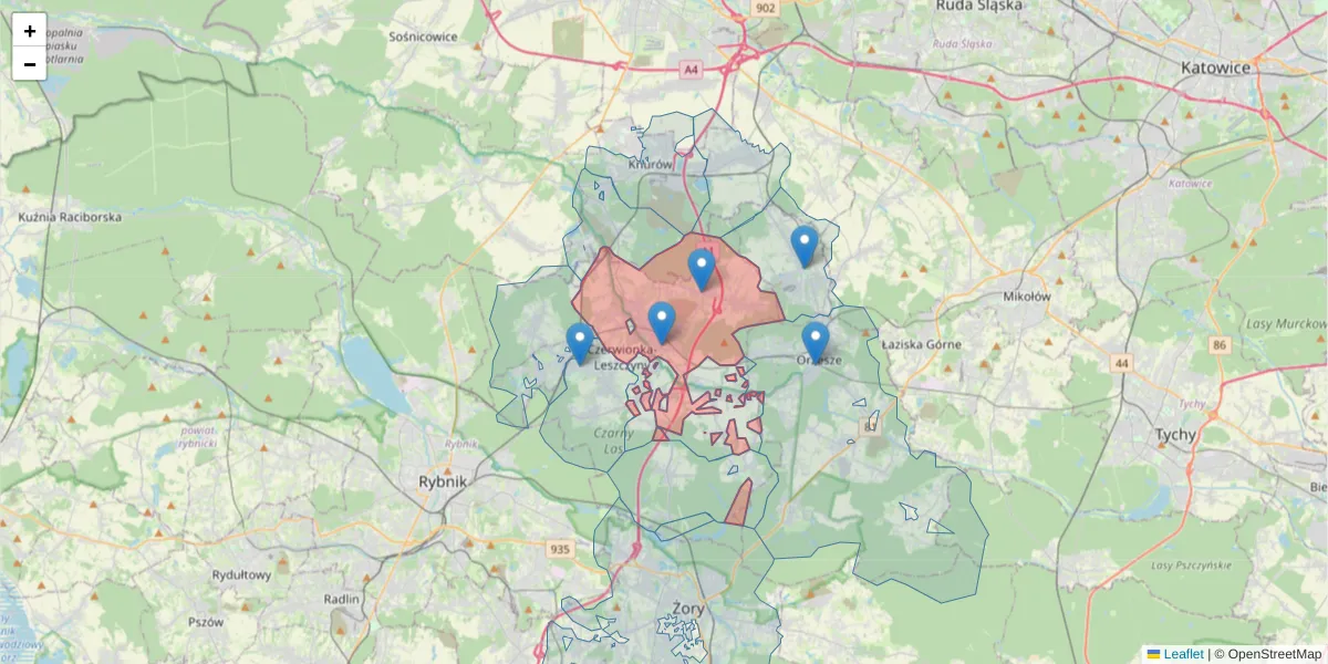 Szczegółowa mapa kodu pocztowego 44-230 z granicami, sąsiednimi kodami pocztowymi i urzędami pocztowymi