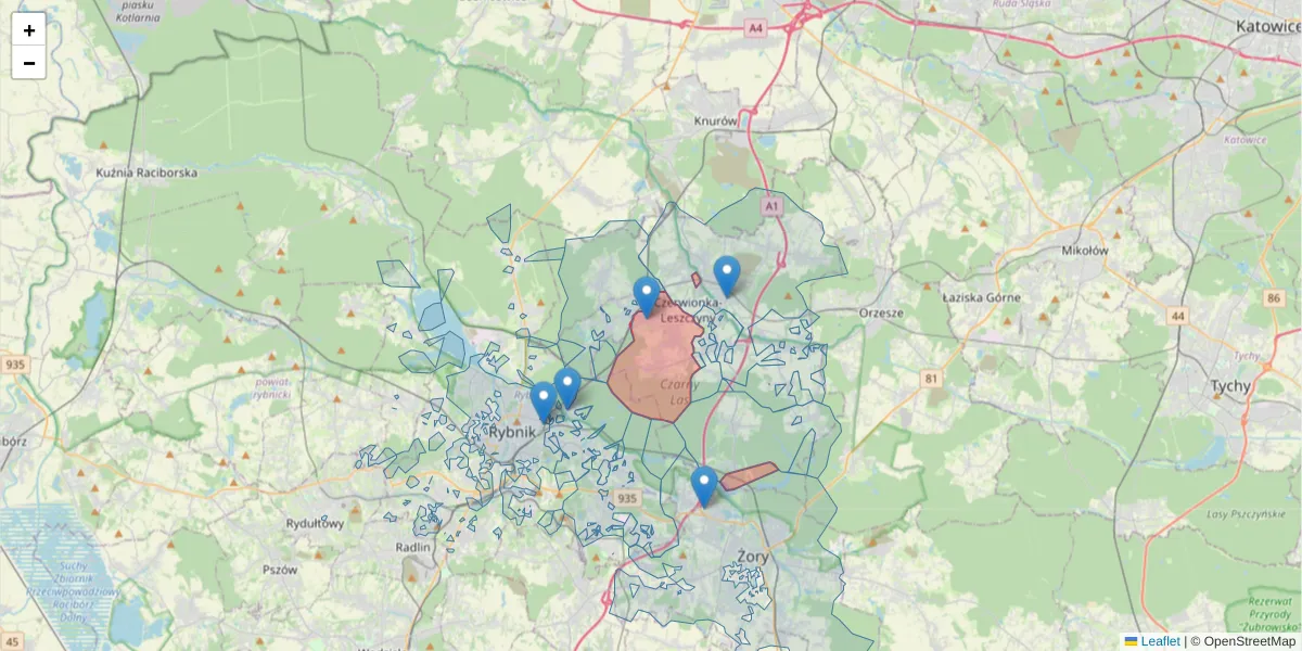 Szczegółowa mapa kodu pocztowego 44-238 z granicami, sąsiednimi kodami pocztowymi i urzędami pocztowymi