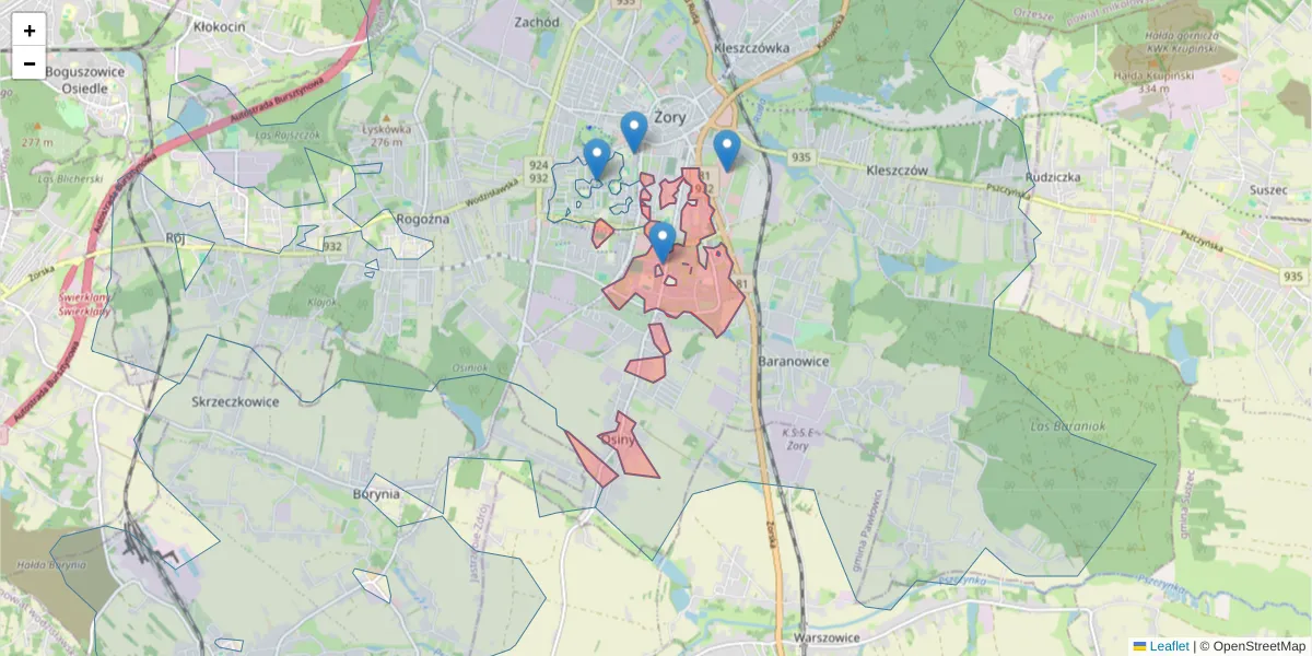 Szczegółowa mapa kodu pocztowego 44-244 z granicami, sąsiednimi kodami pocztowymi i urzędami pocztowymi