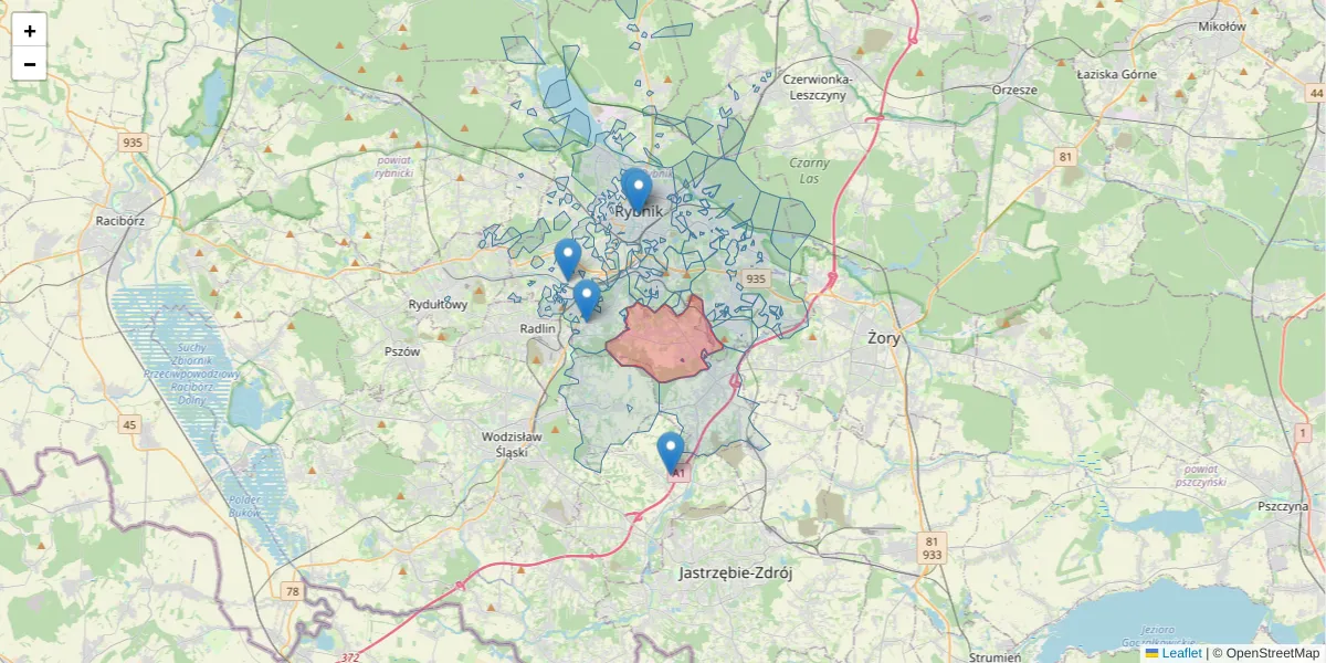 Szczegółowa mapa kodu pocztowego 44-264 z granicami, sąsiednimi kodami pocztowymi i urzędami pocztowymi