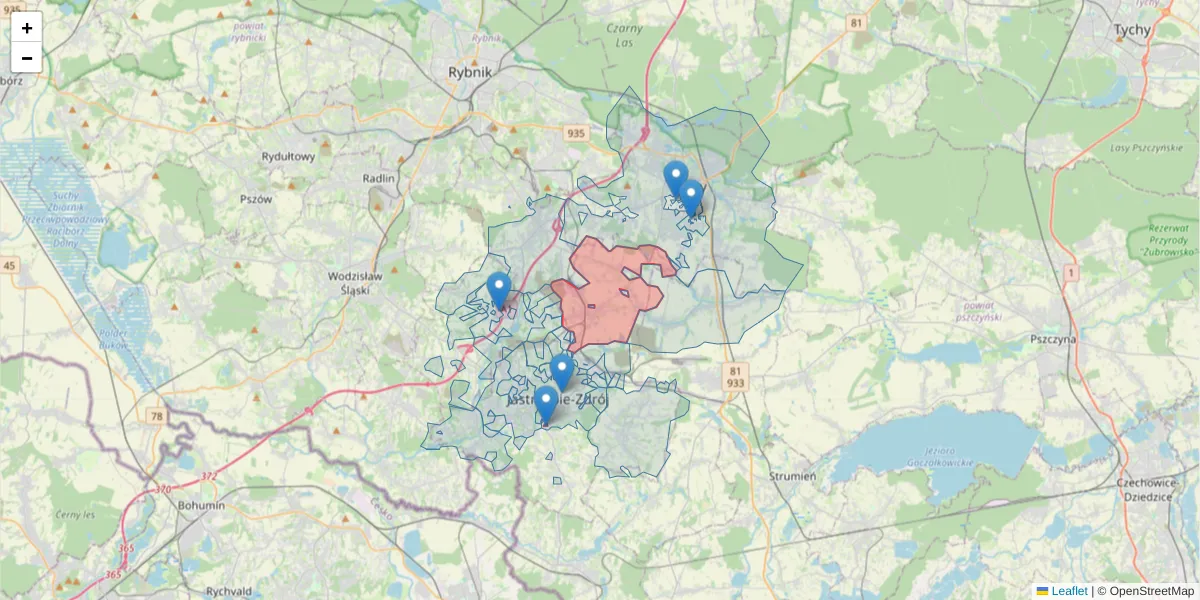 Szczegółowa mapa kodu pocztowego 44-268 z granicami, sąsiednimi kodami pocztowymi i urzędami pocztowymi