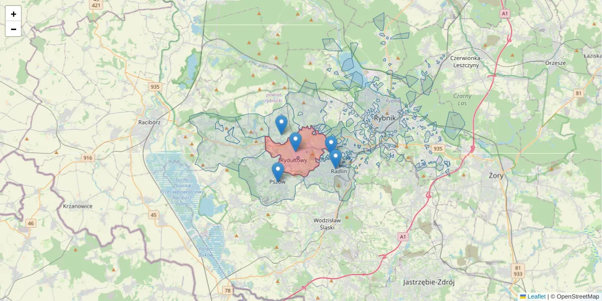 Szczegółowa mapa kodu pocztowego 44-280 z granicami, sąsiednimi kodami pocztowymi i urzędami pocztowymi