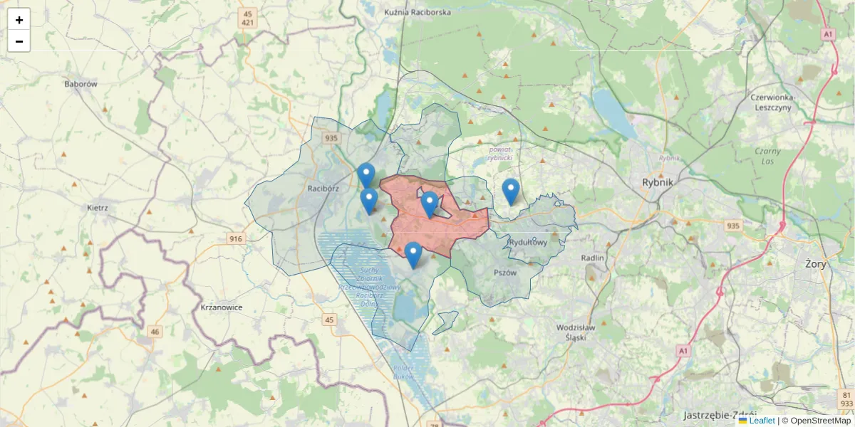 Szczegółowa mapa kodu pocztowego 44-285 z granicami, sąsiednimi kodami pocztowymi i urzędami pocztowymi