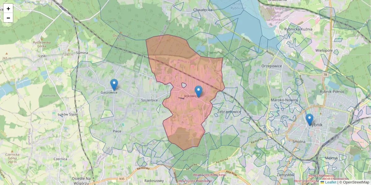 Szczegółowa mapa kodu pocztowego 44-290 z granicami, sąsiednimi kodami pocztowymi i urzędami pocztowymi