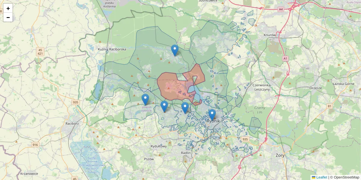 Szczegółowa mapa kodu pocztowego 44-292 z granicami, sąsiednimi kodami pocztowymi i urzędami pocztowymi