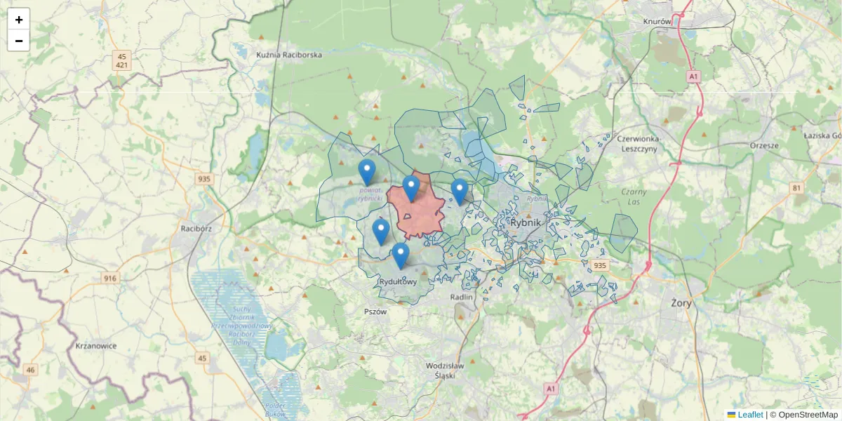 Szczegółowa mapa kodu pocztowego 44-293 z granicami, sąsiednimi kodami pocztowymi i urzędami pocztowymi