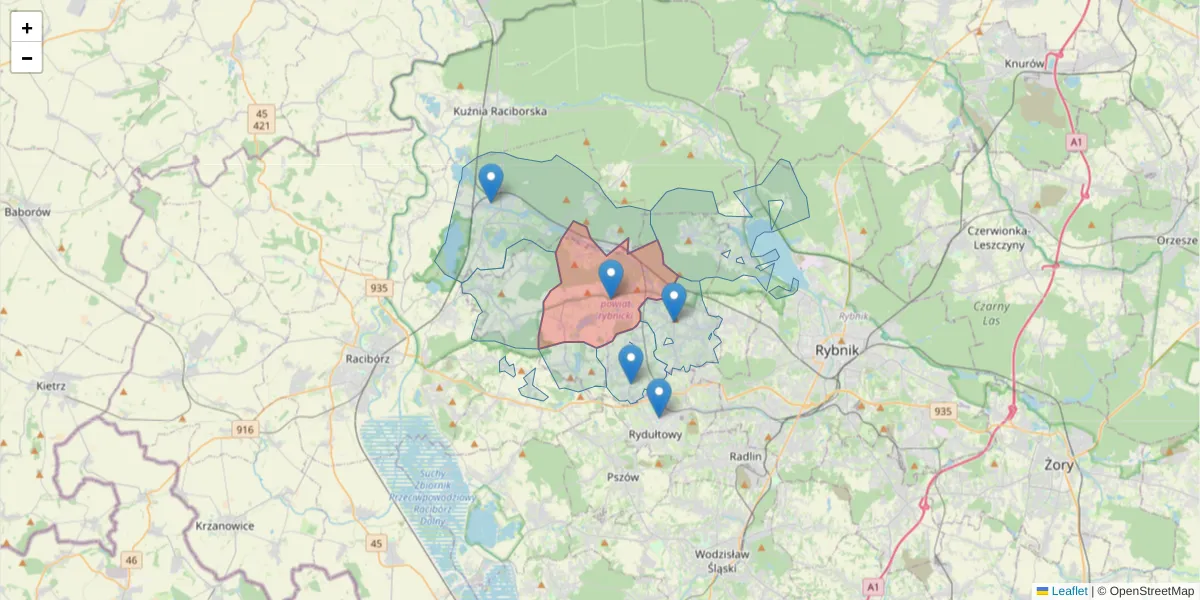 Szczegółowa mapa kodu pocztowego 44-295 z granicami, sąsiednimi kodami pocztowymi i urzędami pocztowymi