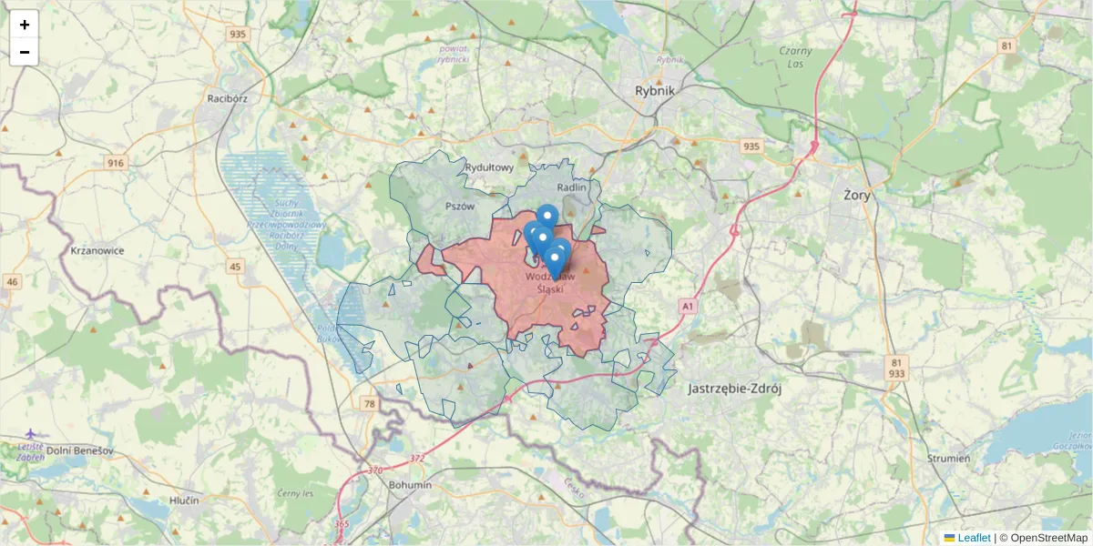 Szczegółowa mapa kodu pocztowego 44-300 z granicami, sąsiednimi kodami pocztowymi i urzędami pocztowymi