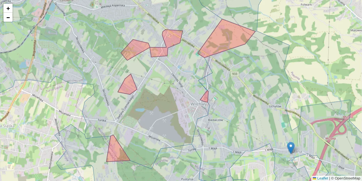 Szczegółowa mapa kodu pocztowego 44-304 z granicami, sąsiednimi kodami pocztowymi i urzędami pocztowymi