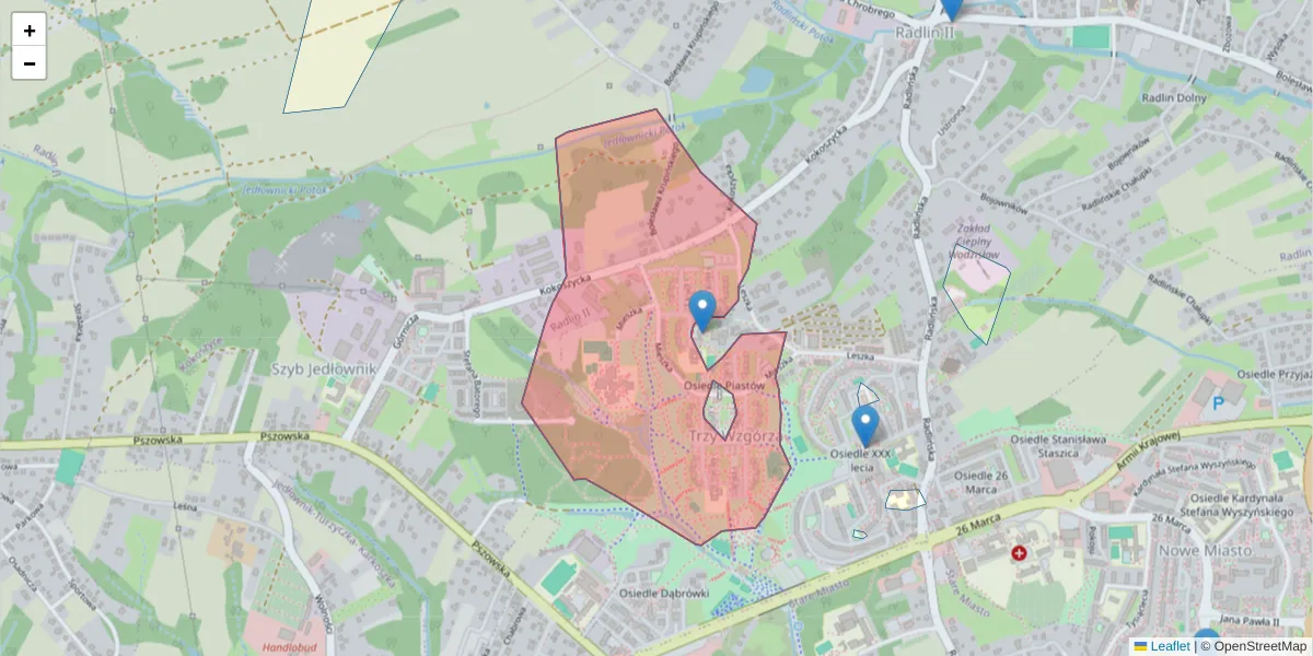 Szczegółowa mapa kodu pocztowego 44-307 z granicami, sąsiednimi kodami pocztowymi i urzędami pocztowymi