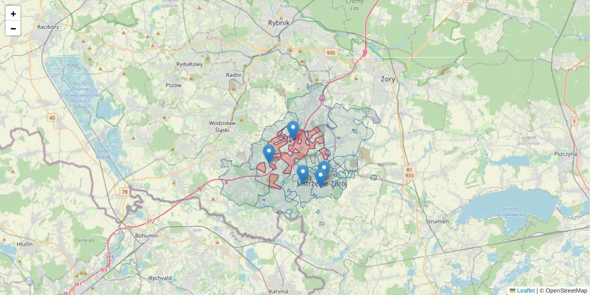 Szczegółowa mapa kodu pocztowego 44-324 z granicami, sąsiednimi kodami pocztowymi i urzędami pocztowymi
