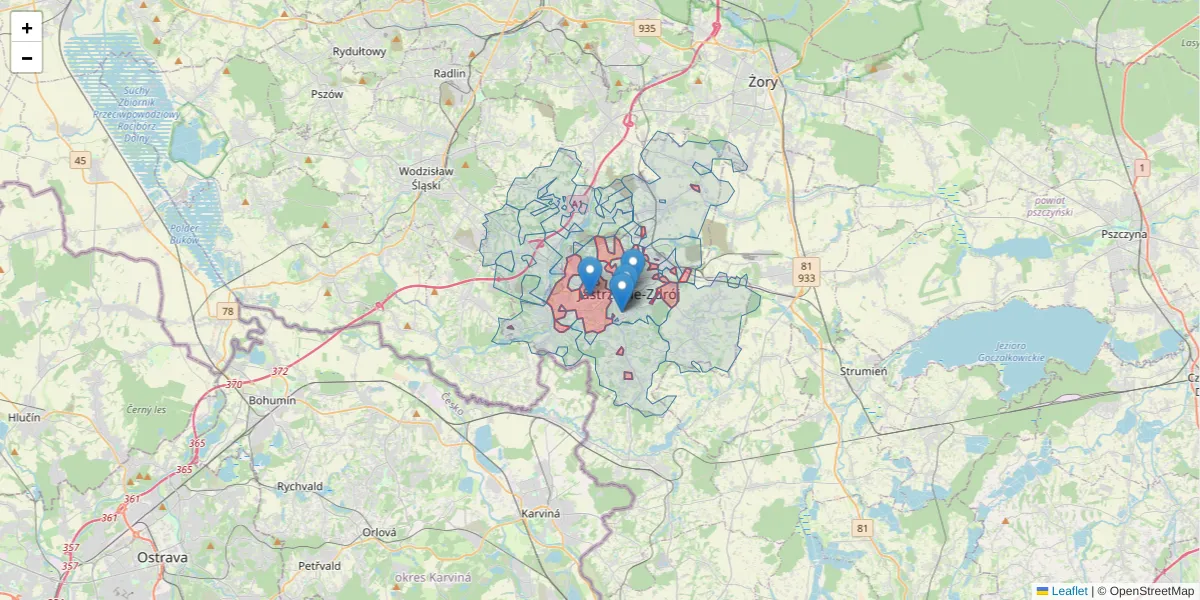 Szczegółowa mapa kodu pocztowego 44-330 z granicami, sąsiednimi kodami pocztowymi i urzędami pocztowymi