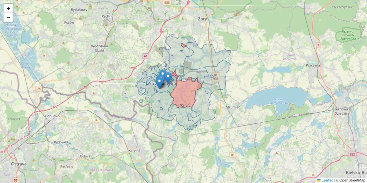 Szczegółowa mapa kodu pocztowego 44-336 z granicami, sąsiednimi kodami pocztowymi i urzędami pocztowymi