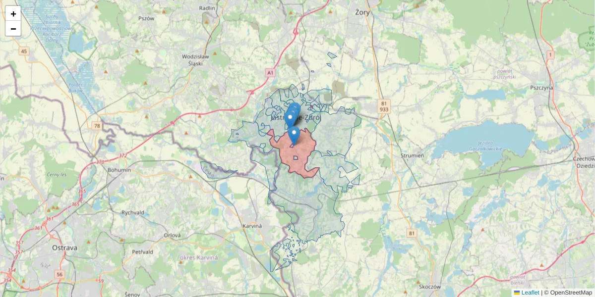 Szczegółowa mapa kodu pocztowego 44-337 z granicami, sąsiednimi kodami pocztowymi i urzędami pocztowymi