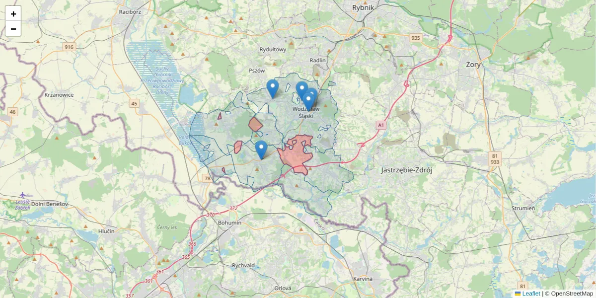 Szczegółowa mapa kodu pocztowego 44-351 z granicami, sąsiednimi kodami pocztowymi i urzędami pocztowymi