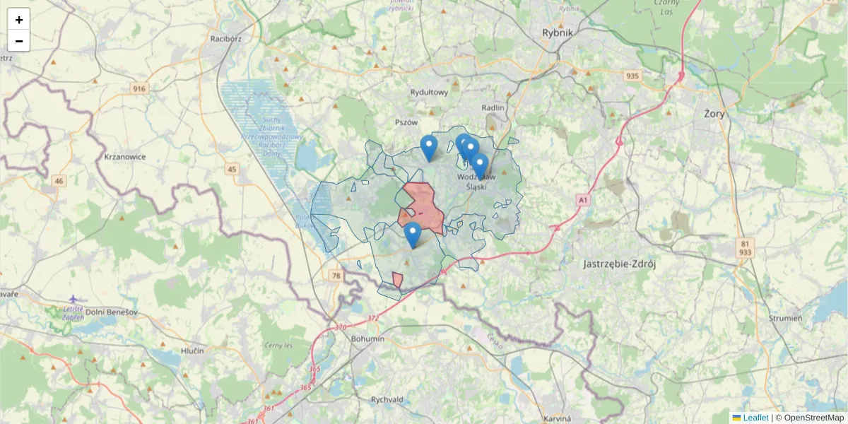 Szczegółowa mapa kodu pocztowego 44-352 z granicami, sąsiednimi kodami pocztowymi i urzędami pocztowymi