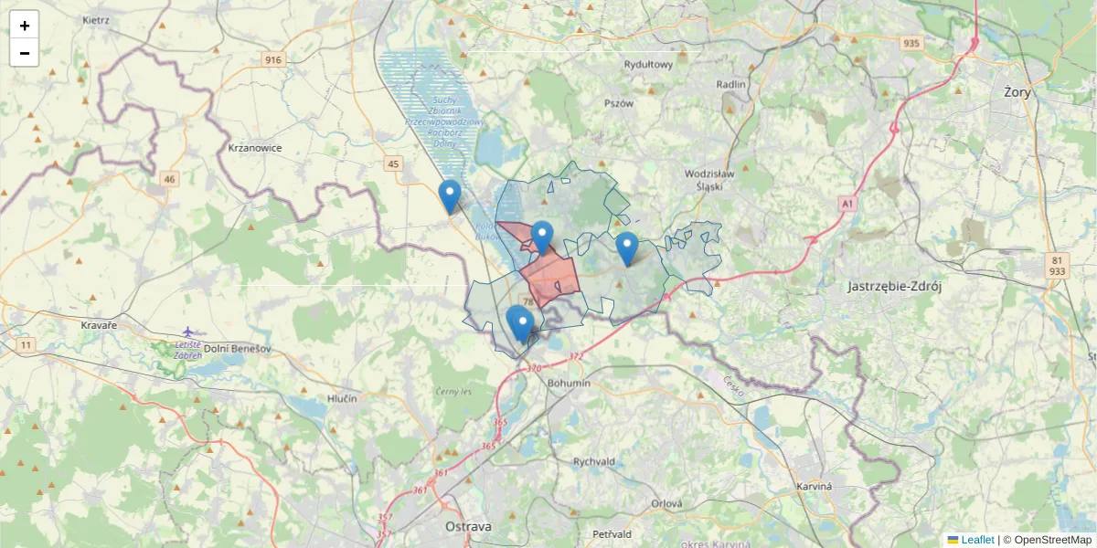 Szczegółowa mapa kodu pocztowego 44-353 z granicami, sąsiednimi kodami pocztowymi i urzędami pocztowymi