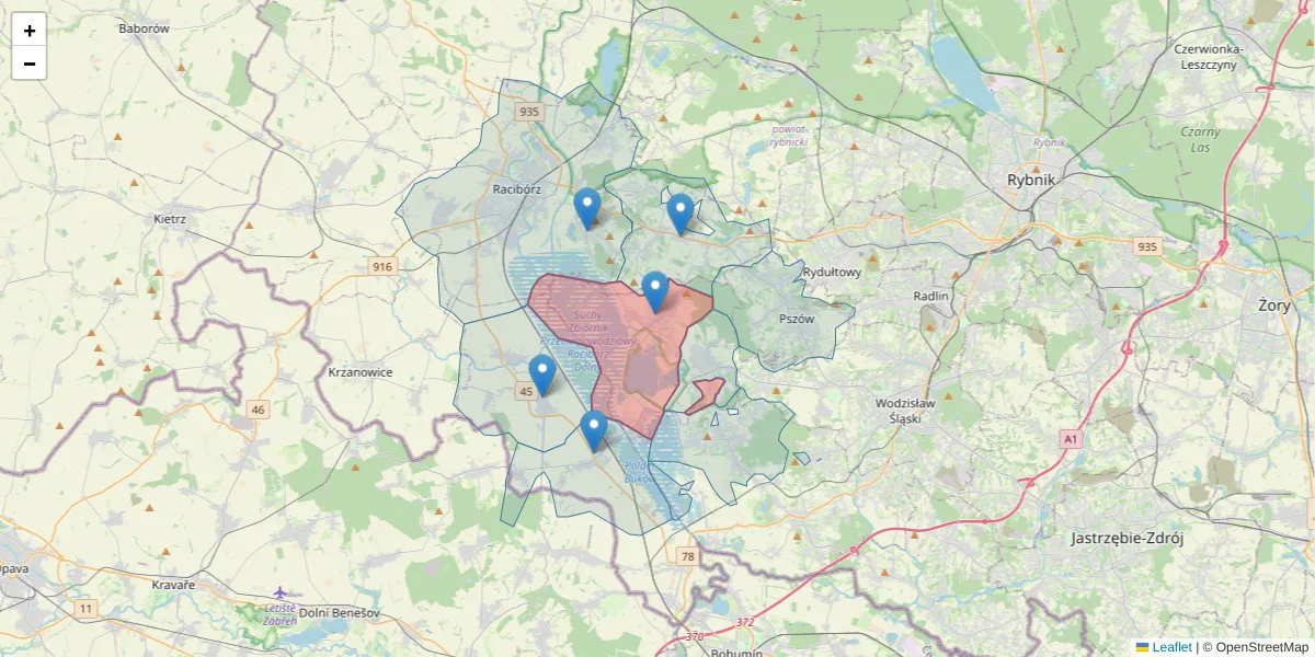 Szczegółowa mapa kodu pocztowego 44-360 z granicami, sąsiednimi kodami pocztowymi i urzędami pocztowymi