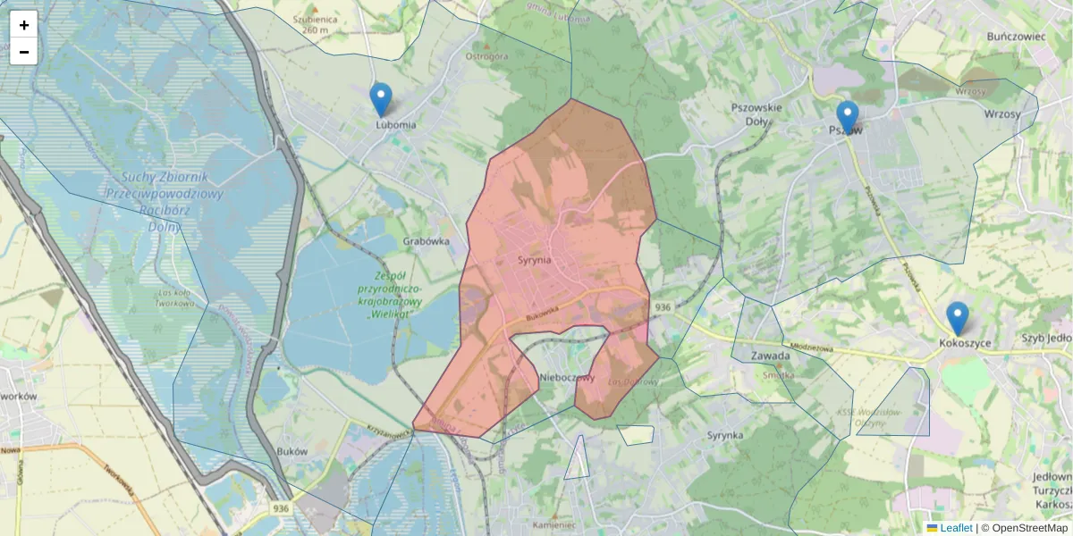 Szczegółowa mapa kodu pocztowego 44-361 z granicami, sąsiednimi kodami pocztowymi i urzędami pocztowymi