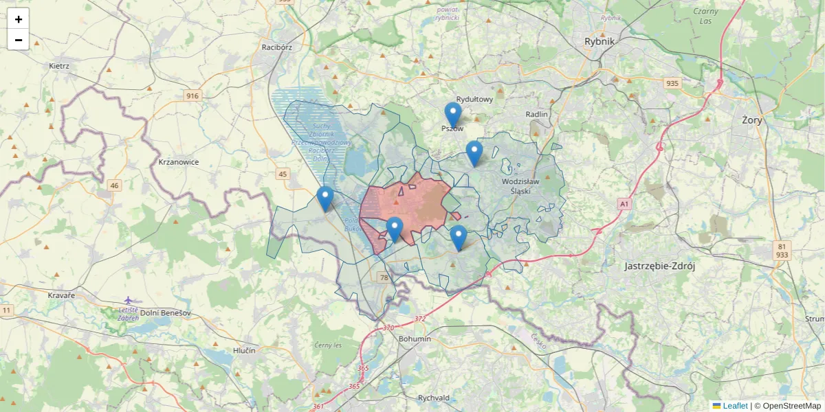 Szczegółowa mapa kodu pocztowego 44-362 z granicami, sąsiednimi kodami pocztowymi i urzędami pocztowymi