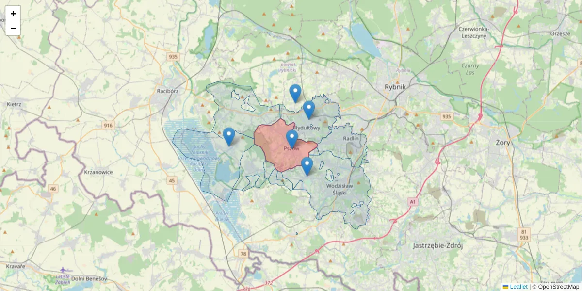 Szczegółowa mapa kodu pocztowego 44-370 z granicami, sąsiednimi kodami pocztowymi i urzędami pocztowymi