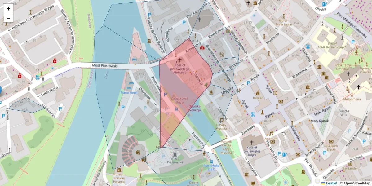 Szczegółowa mapa kodu pocztowego 45-010 z granicami, sąsiednimi kodami pocztowymi i urzędami pocztowymi