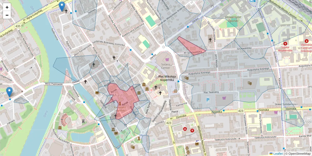 Szczegółowa mapa kodu pocztowego 45-015 z granicami, sąsiednimi kodami pocztowymi i urzędami pocztowymi