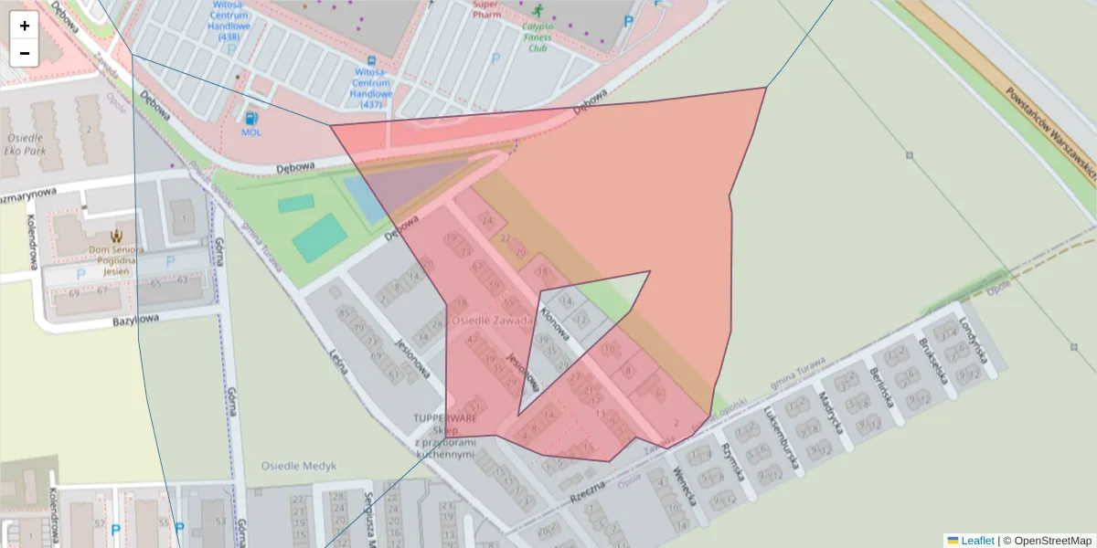 Szczegółowa mapa kodu pocztowego 45-022 z granicami, sąsiednimi kodami pocztowymi i urzędami pocztowymi