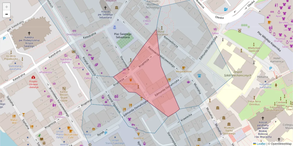 Szczegółowa mapa kodu pocztowego 45-025 z granicami, sąsiednimi kodami pocztowymi i urzędami pocztowymi
