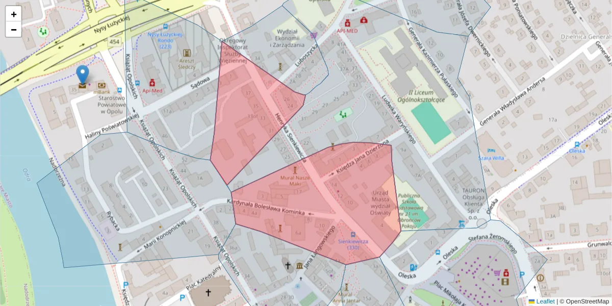 Szczegółowa mapa kodu pocztowego 45-037 z granicami, sąsiednimi kodami pocztowymi i urzędami pocztowymi