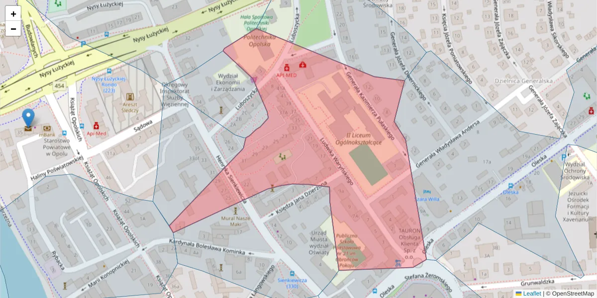 Szczegółowa mapa kodu pocztowego 45-047 z granicami, sąsiednimi kodami pocztowymi i urzędami pocztowymi