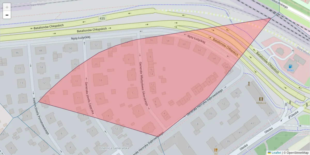 Szczegółowa mapa kodu pocztowego 45-051 z granicami, sąsiednimi kodami pocztowymi i urzędami pocztowymi